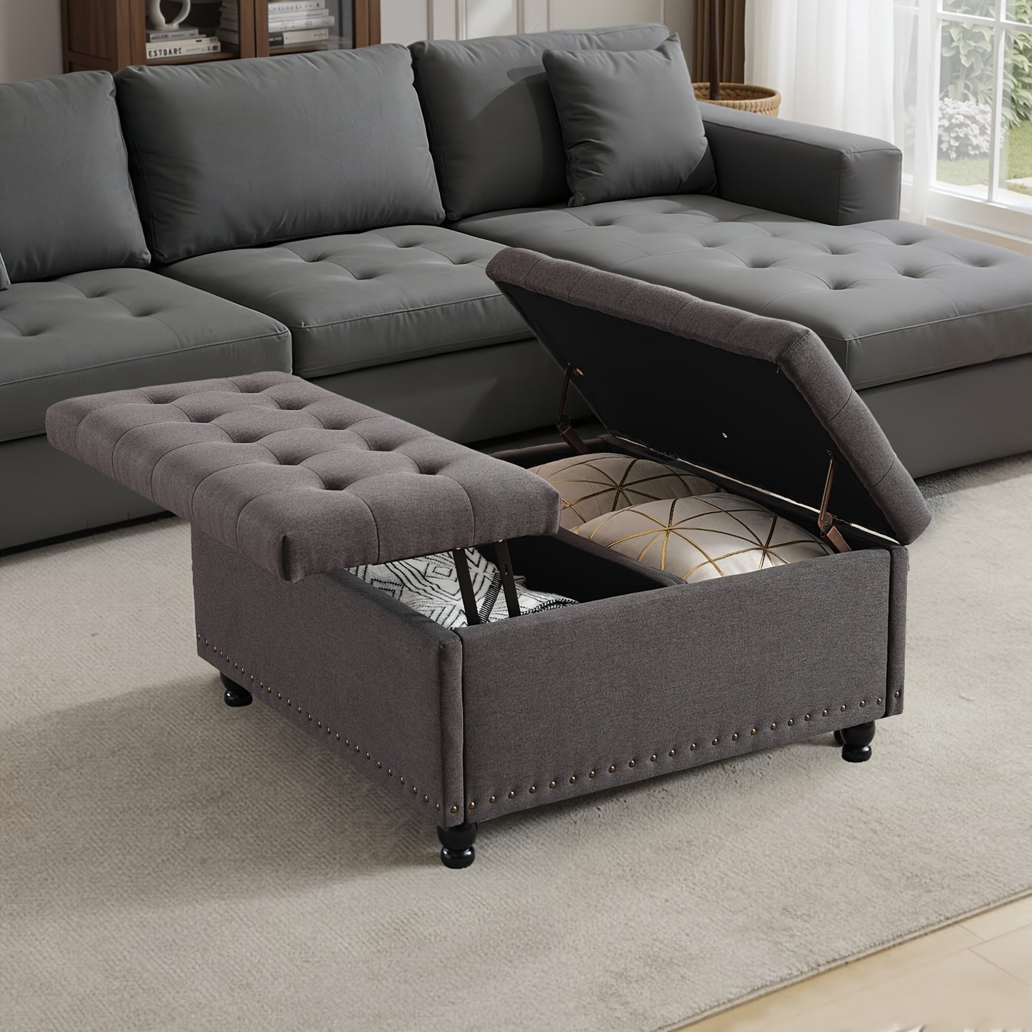 KINGFUN Square Storage Ottoman With Removable Lid Hardwood