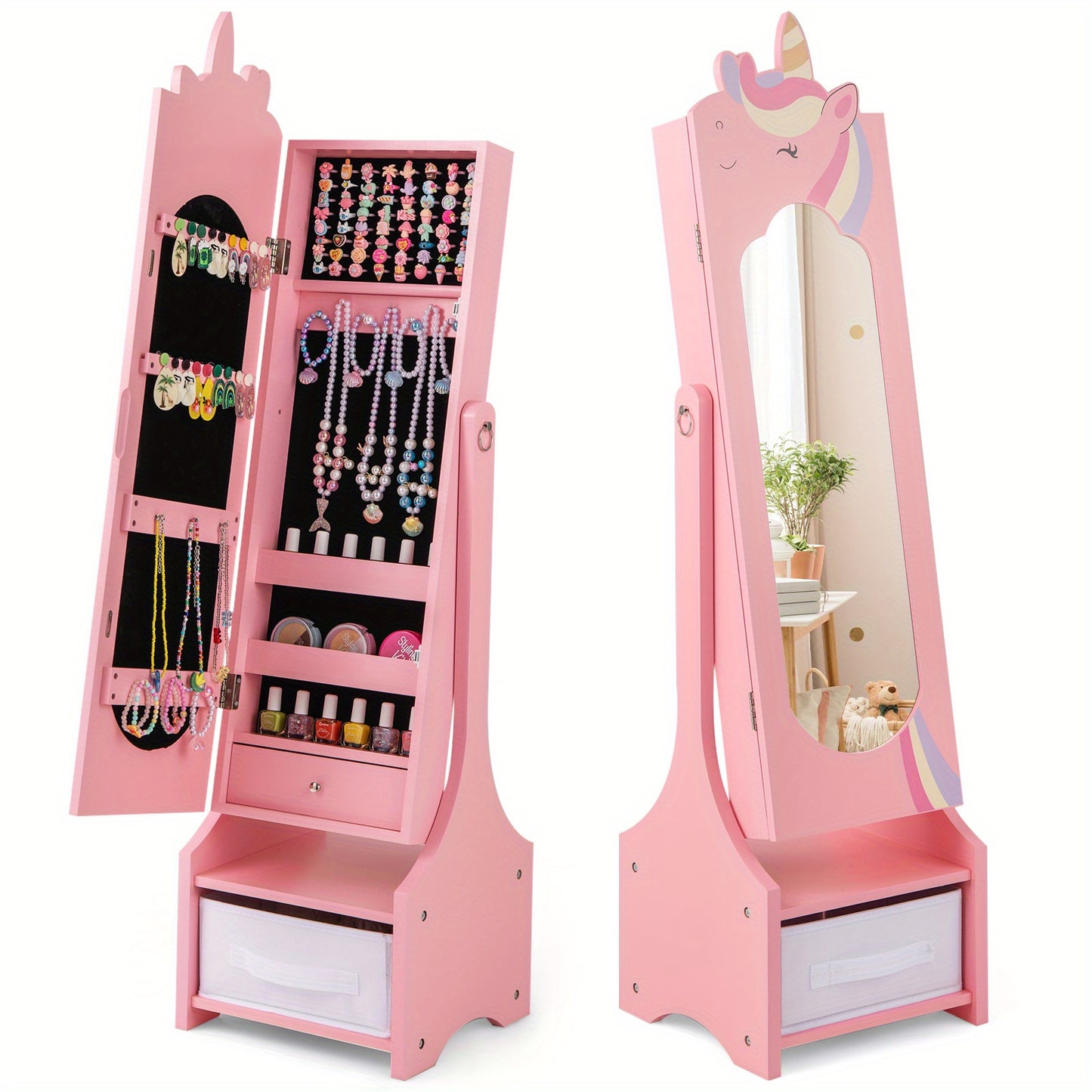 COSTWAY Kids Jewelry Armoire Cabinet With Full Length Mirror