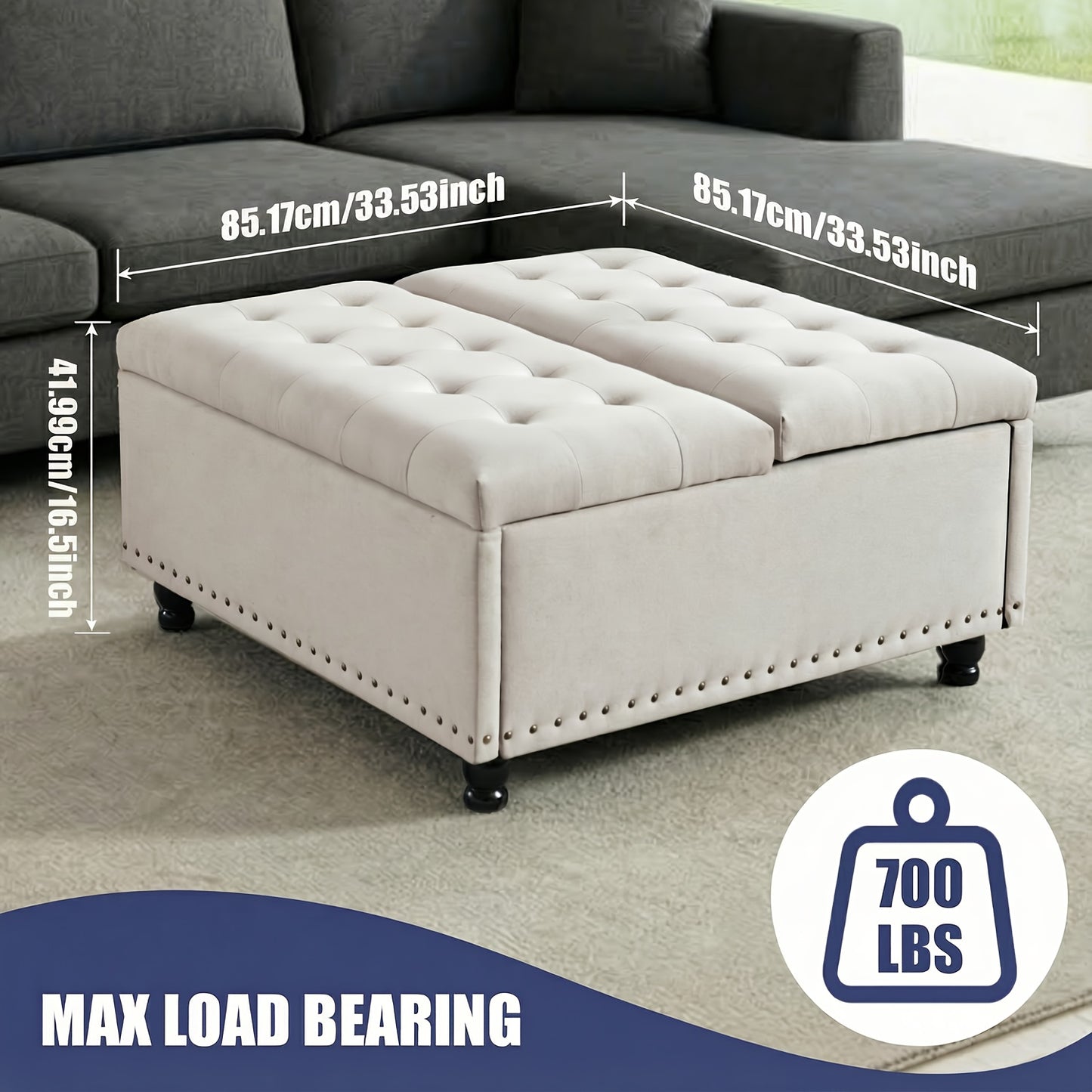 KINGFUN Square Storage Ottoman With Removable Lid Hardwood