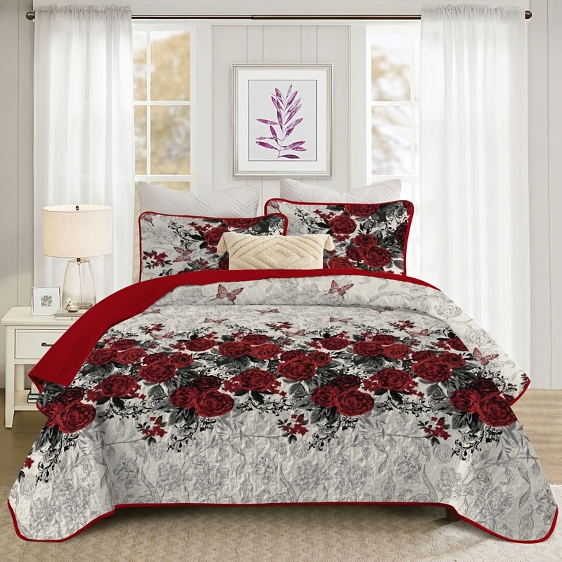 Romantic Rose Quilt Set Polyester Coverlet With Embellishments Machine Washable