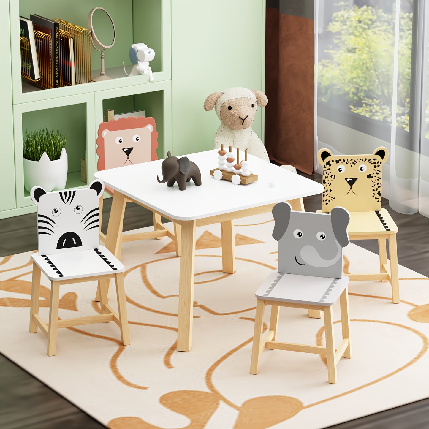 Kids Table And Chair Set With Animal Theme Wood Furniture