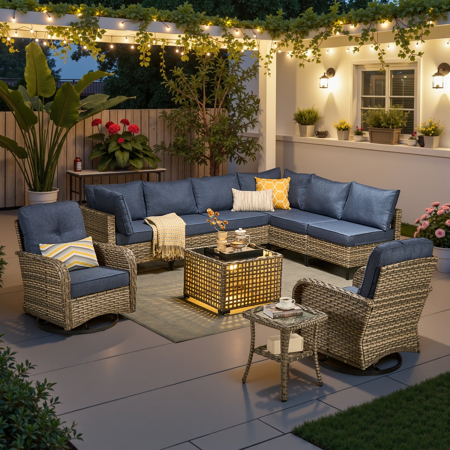 HOOOWOOO Outdoor Patio Furniture Set Wicker Sectional Sofa Swivel Chairs