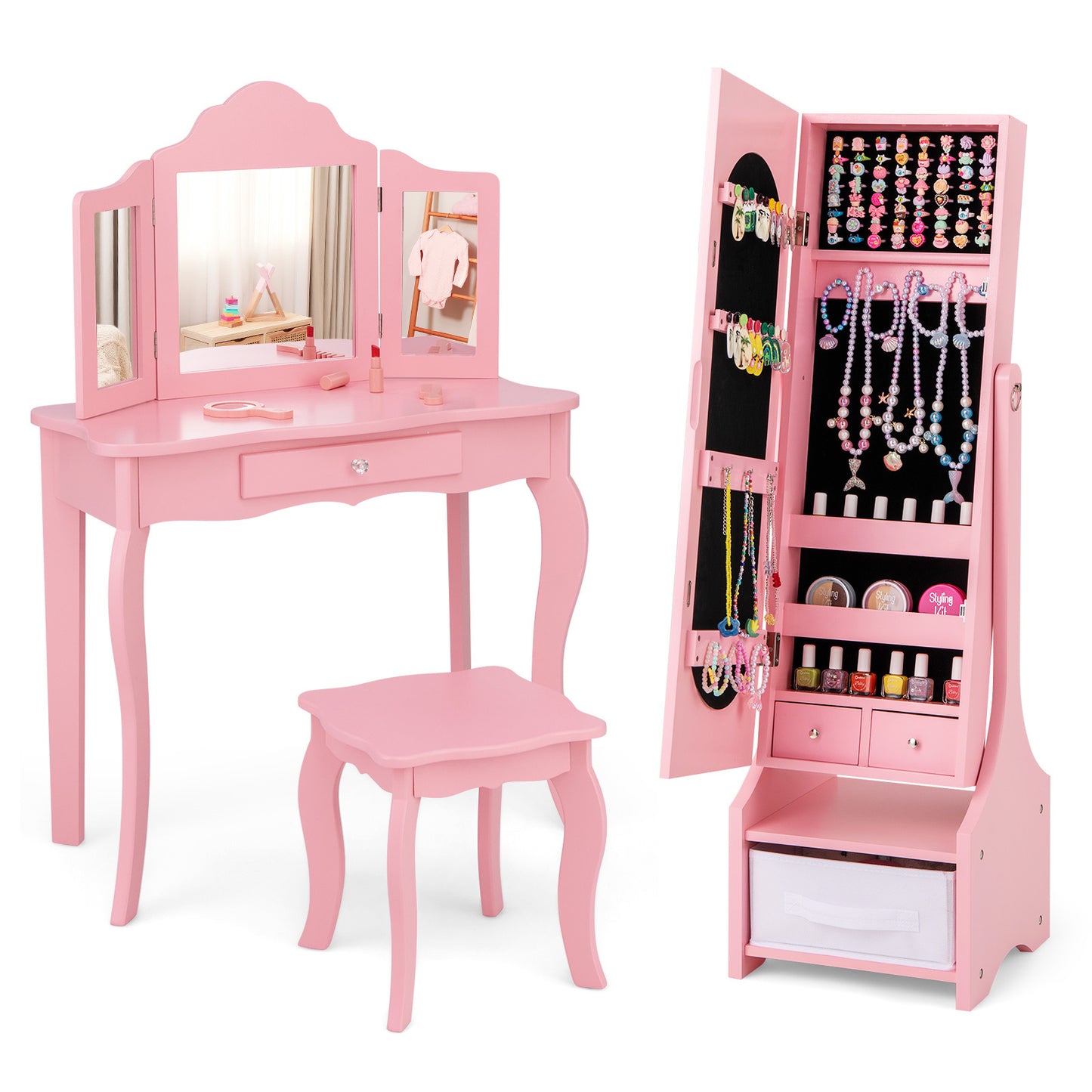 COSTWAY Princess Vanity Set with Chair and Jewelry Armoire