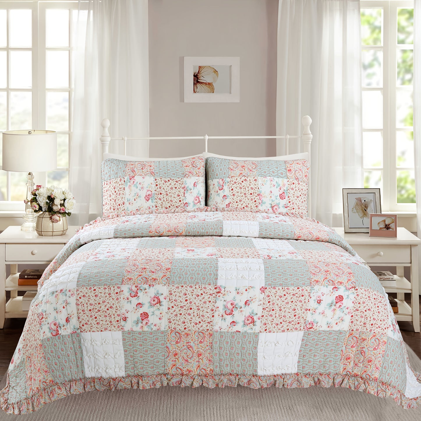 Lightweight Reversible Floral Bedspread Set Patchwork Cotton