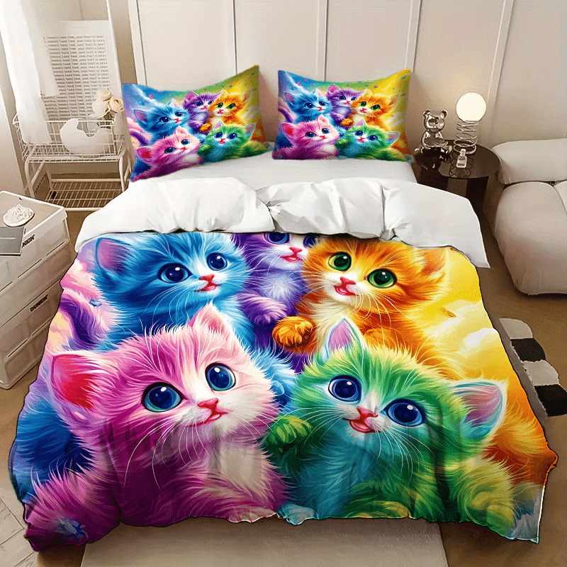 Cat Printed Quilt Cover Set Three Piece Pillowcases Polyester Bedding