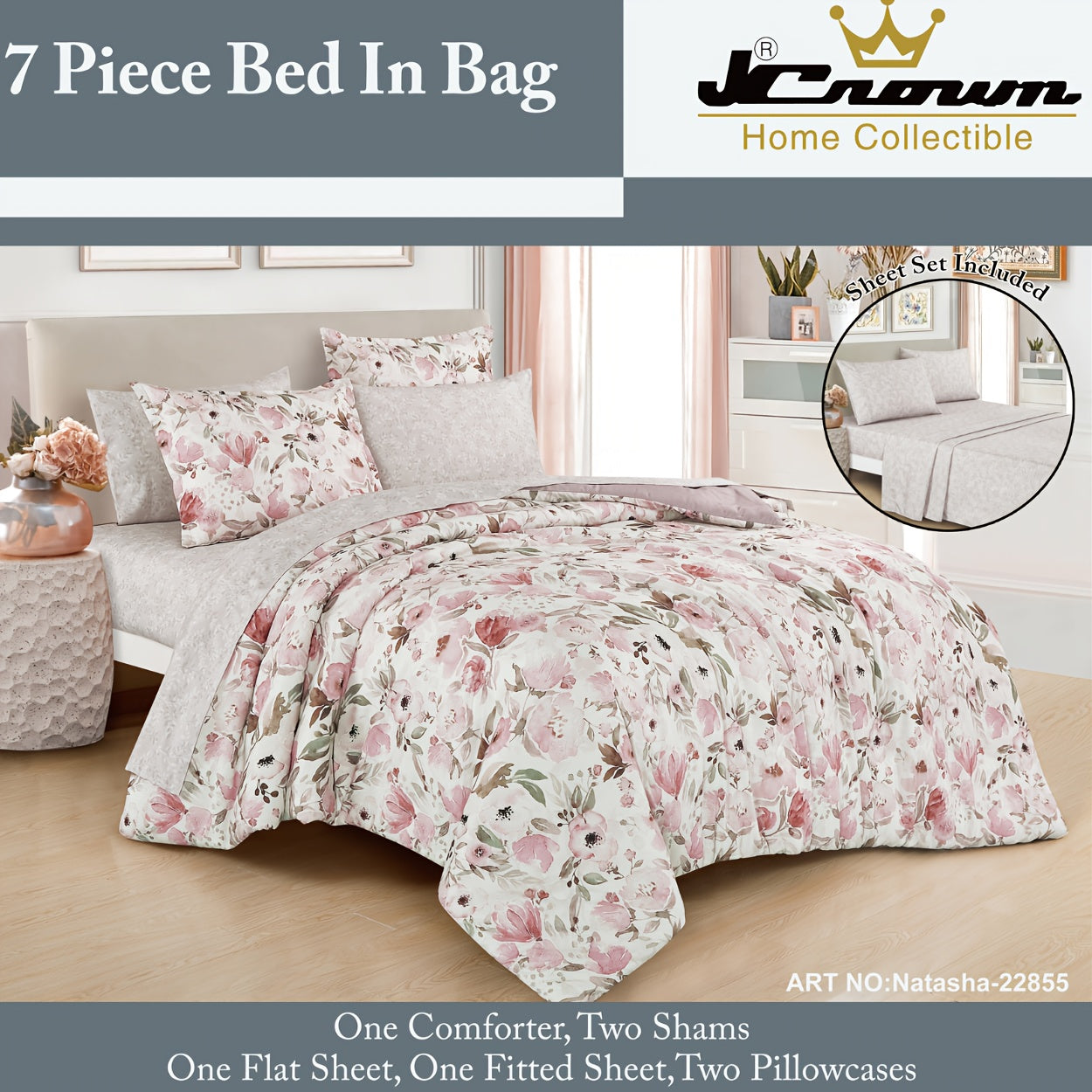 Floral Bed In Bag 7 Piece Premium Comforter Sheet Set