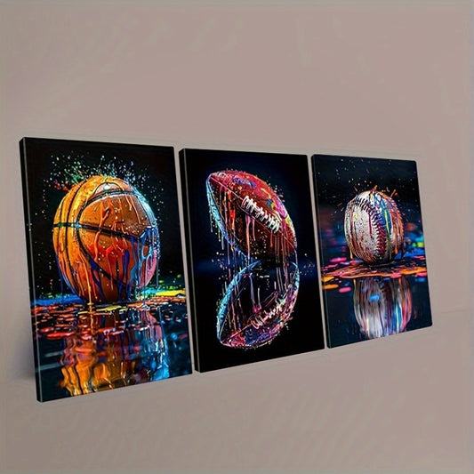 Wrapped Wooden Frame Canvas Triptych Sports Balls Wall Art
