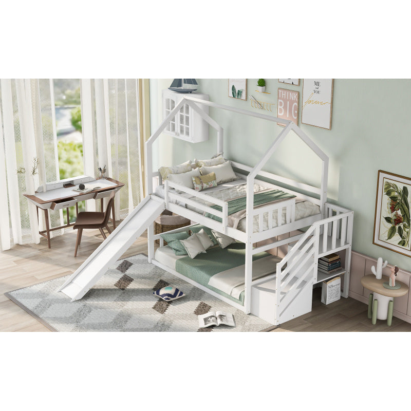 White Space-Saving Design of a Twin Over Twin Bunk Bed Featuring a Convertible Slide And a Staircase with Storage