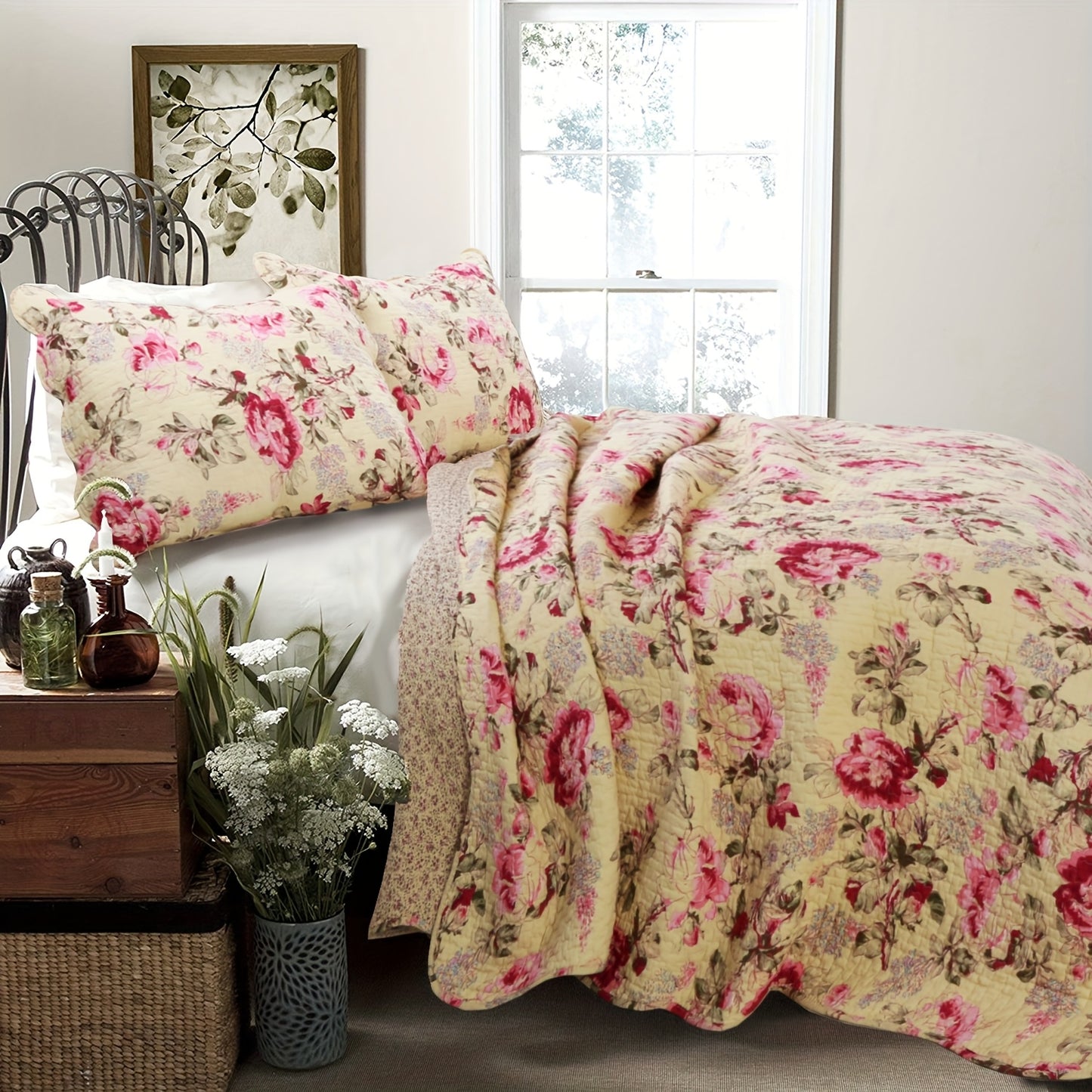 Vintage Rose Floral 100 Percent Cotton Quilt Bedding Set