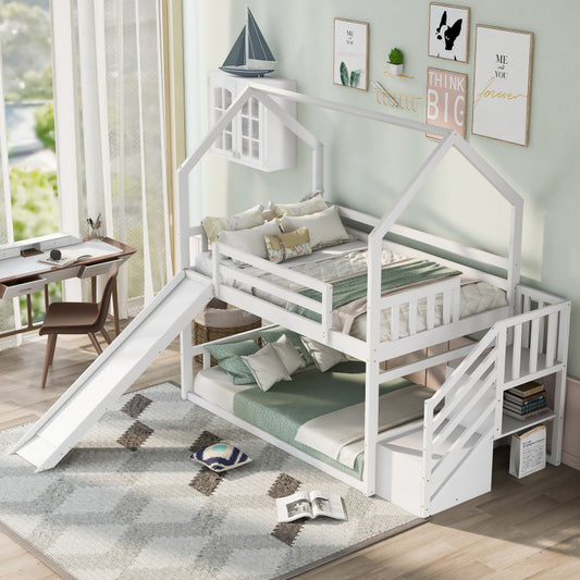 White Space-Saving Design of a Twin Over Twin Bunk Bed Featuring a Convertible Slide And a Staircase with Storage