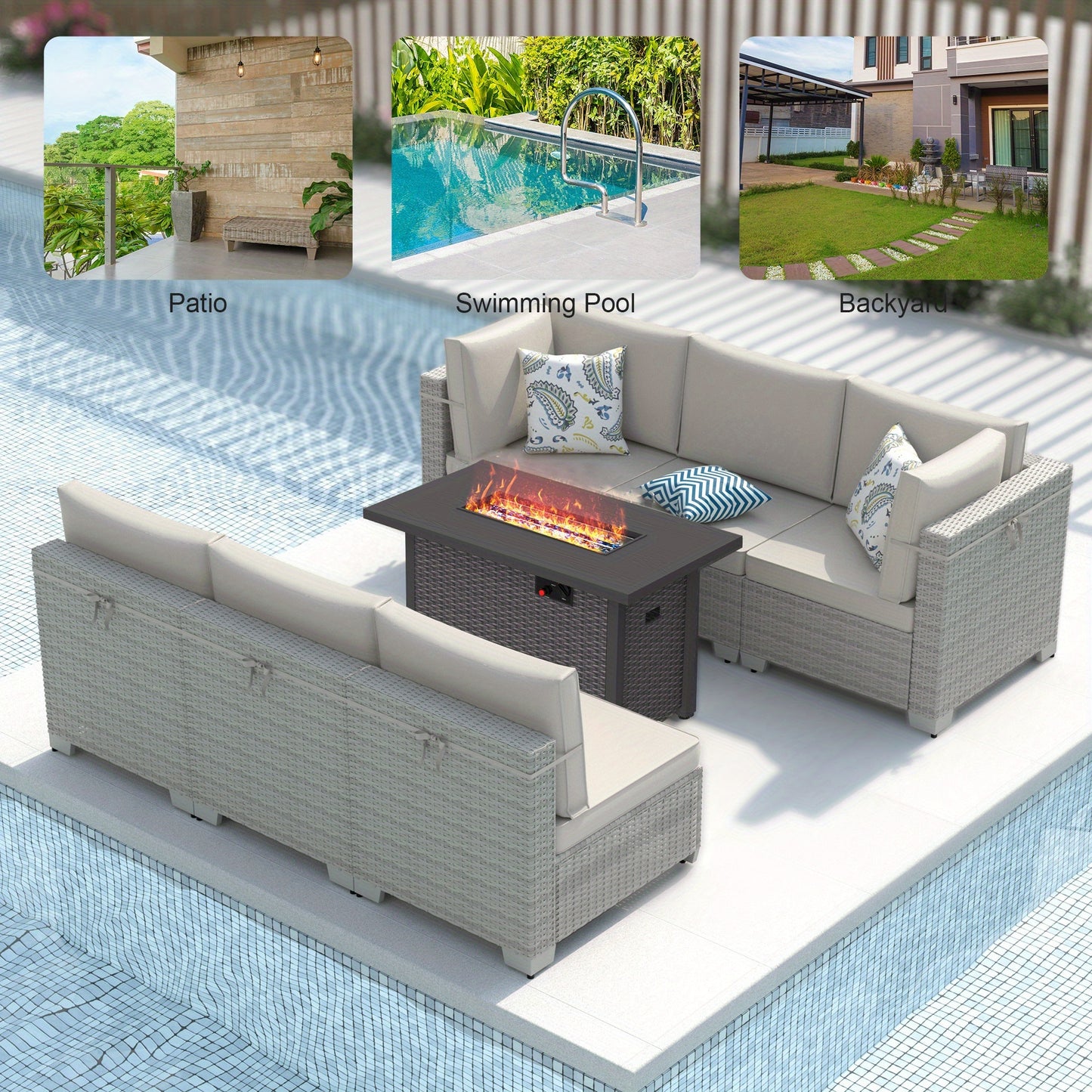 7-Piece Outdoor Patio Furniture Set With Propane Fire Pit Table
