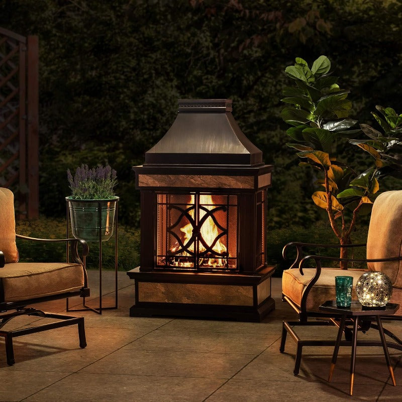 Outdoor Wood Burning Steel Fireplace With Chimney Spark Screen