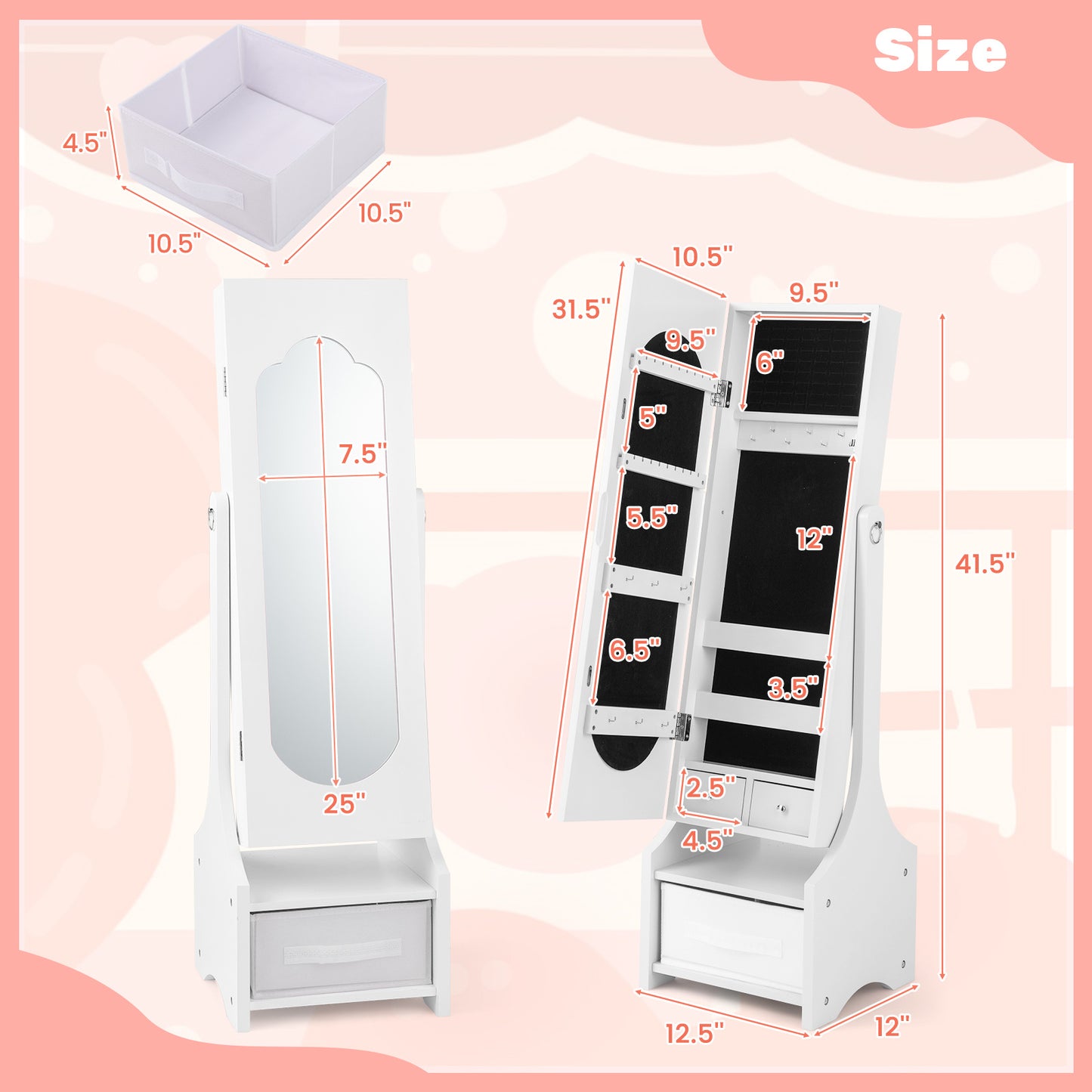 COSTWAY Princess Vanity Set with Chair and Jewelry Armoire