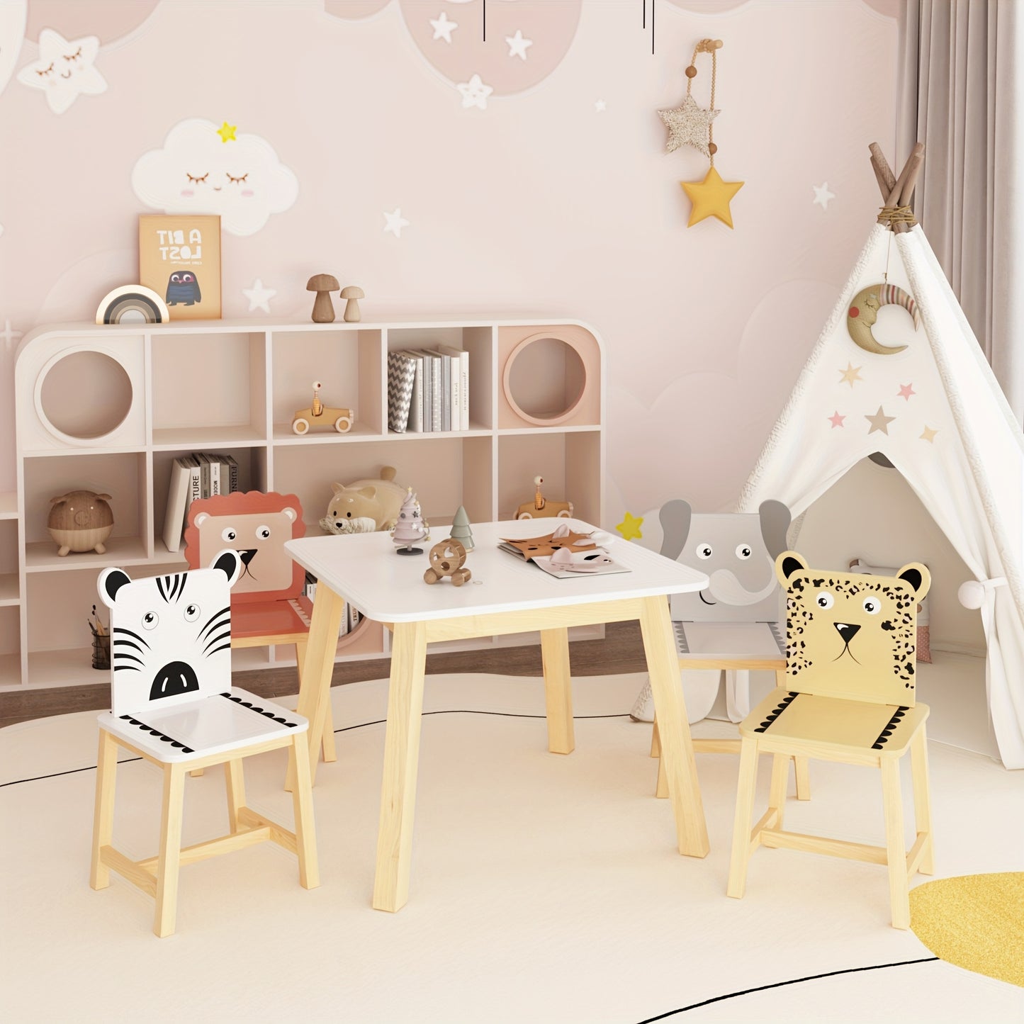 Kids Table And Chair Set With Animal Theme Wood Furniture