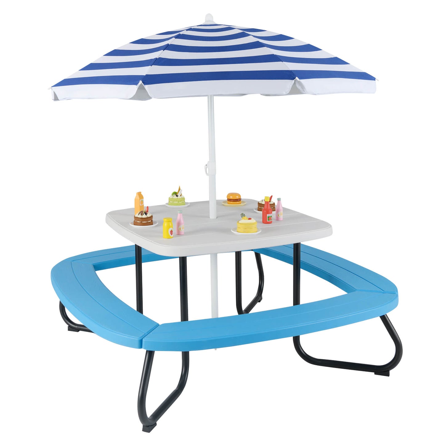 COSTWAY Picnic Table with a Height-Adjustable Umbrella, Durable HDPE Outdoor Table with Four Benches for Eight Kids, Sturdy Metal Structure, Suitable for Indoor And Outdoor Activities for Toddlers Aged 3 And Up
