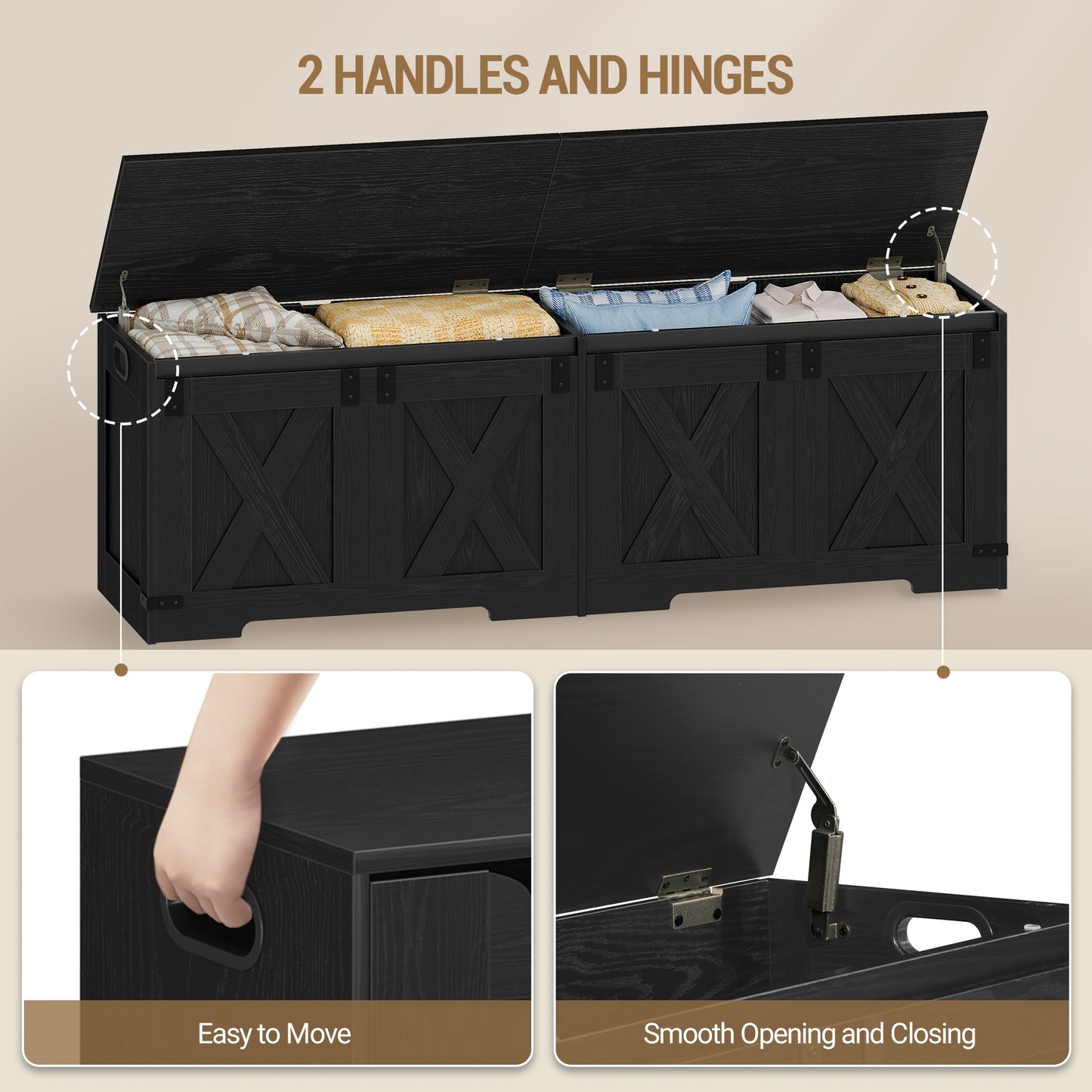 HZUANERI Farmhouse Wooden Storage Chest Lift Top Organizer With 2 Hinges