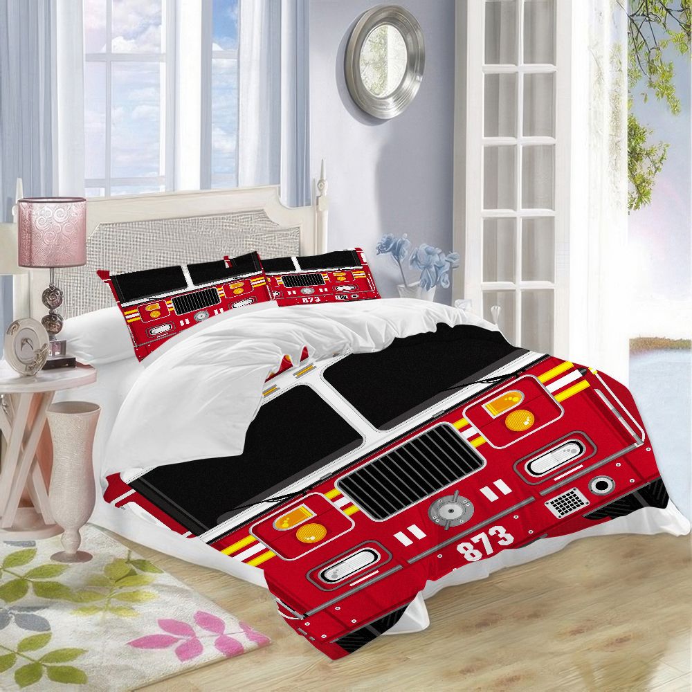 Fire Truck Bedding Duvet Set With Zipper Closure 3 Piece