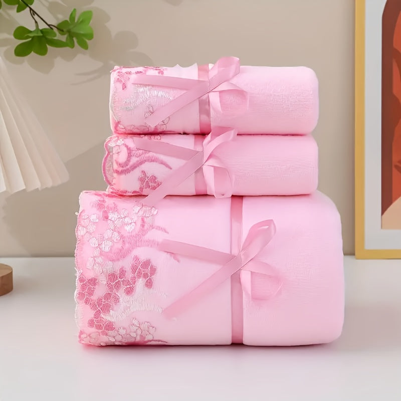 Lace Embroidered Microfiber Towel Set 3pc Bath Towels