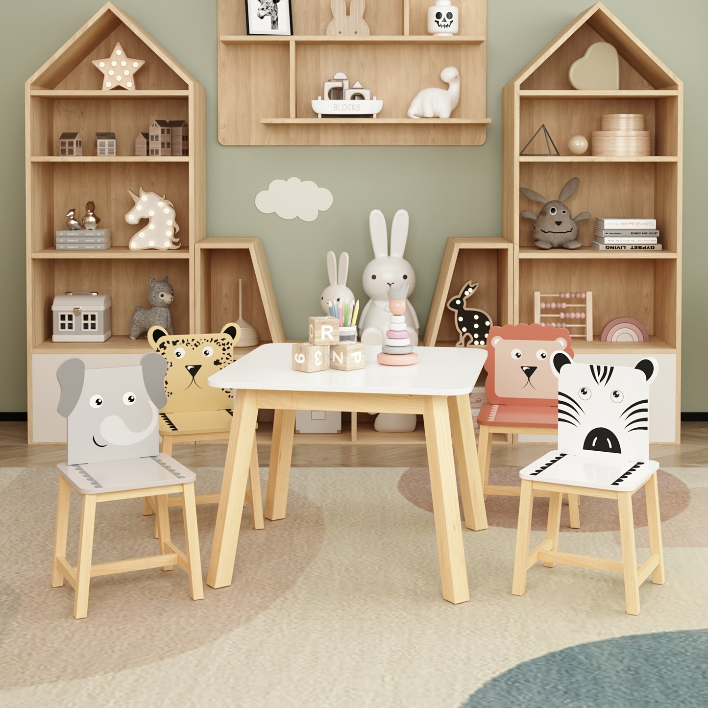Kids Table And Chair Set With Animal Theme Wood Furniture