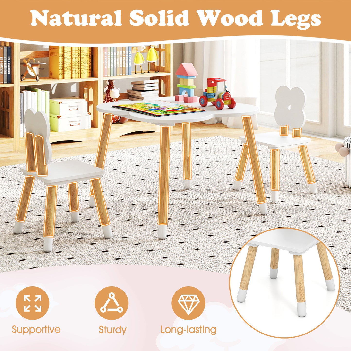 LIFEZEAL Kids Table And Chairs Set Flower Shaped Pine Wood