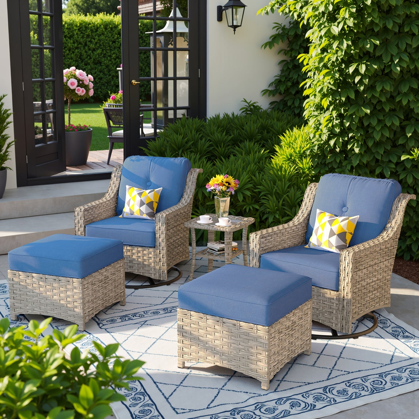 HOOOWOOO Outdoor 360-Degree Swivel Chairs Set With Ottomans And Table