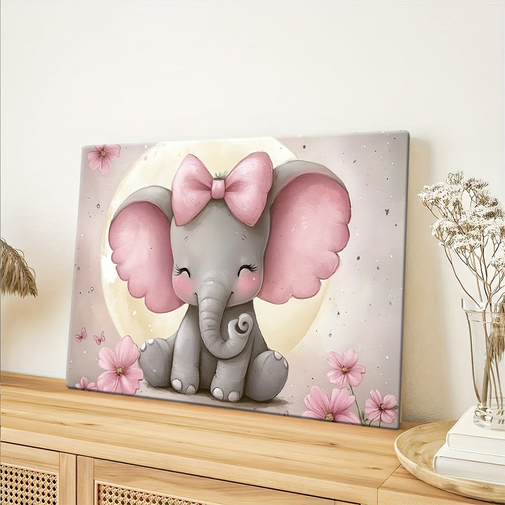 Baby Elephant With Big Ears Wooden Framed Canvas Wall Art