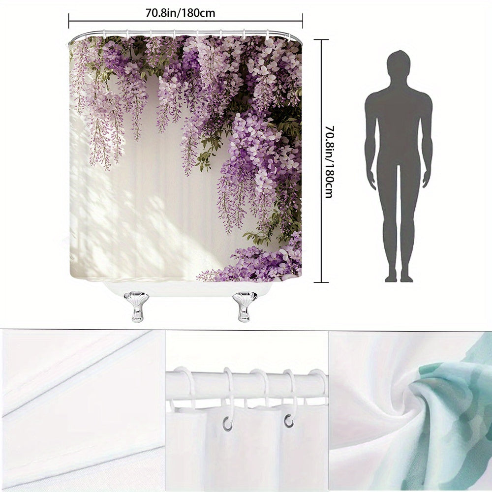 1pc Elegant Purple Wisteria Shower Curtain with White Blossoms - Extra Long 70.8x70.8 Inches, Beige & Green Foliage Design, 12 Hooks Included, Machine Washable for Spa-Like Bathroom Decor in Lilac, Wisteria  or Wisteria Flowe