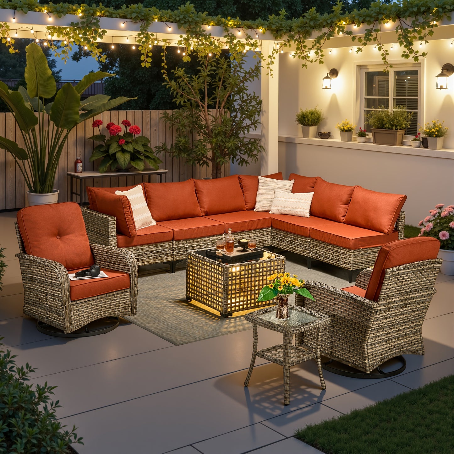 HOOOWOOO Outdoor Patio Furniture Set Wicker Sectional Sofa Swivel Chairs