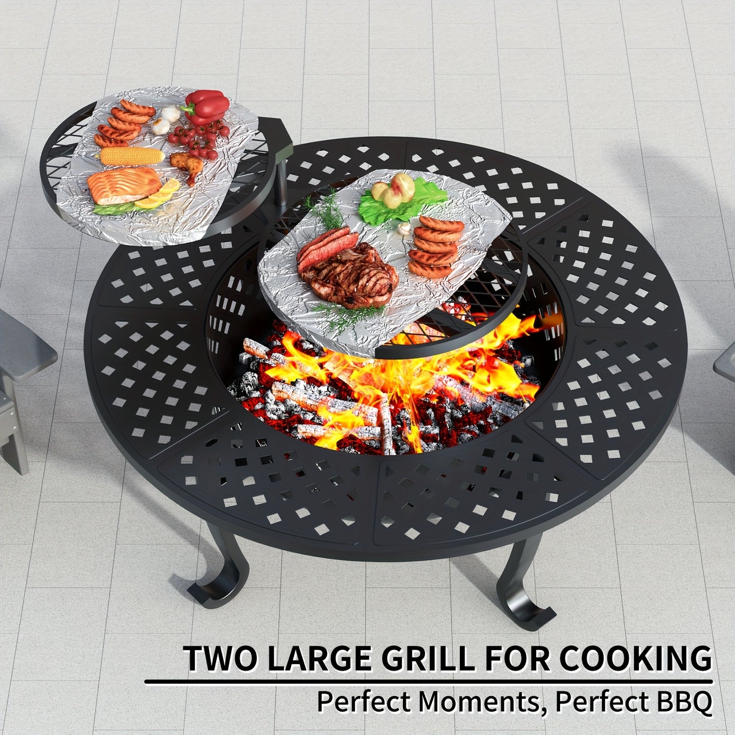 Fire Pit With Grill And Lid For Outdoor Wood Burning