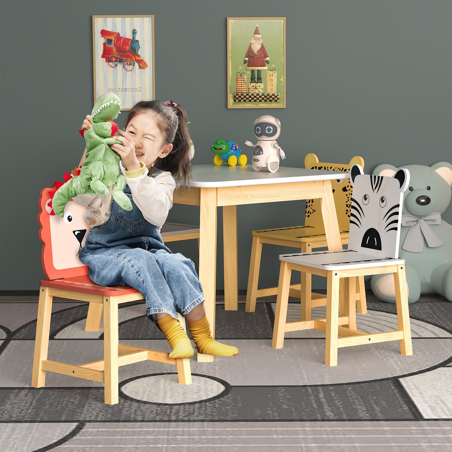 Kids Table And Chair Set With Animal Theme Wood Furniture