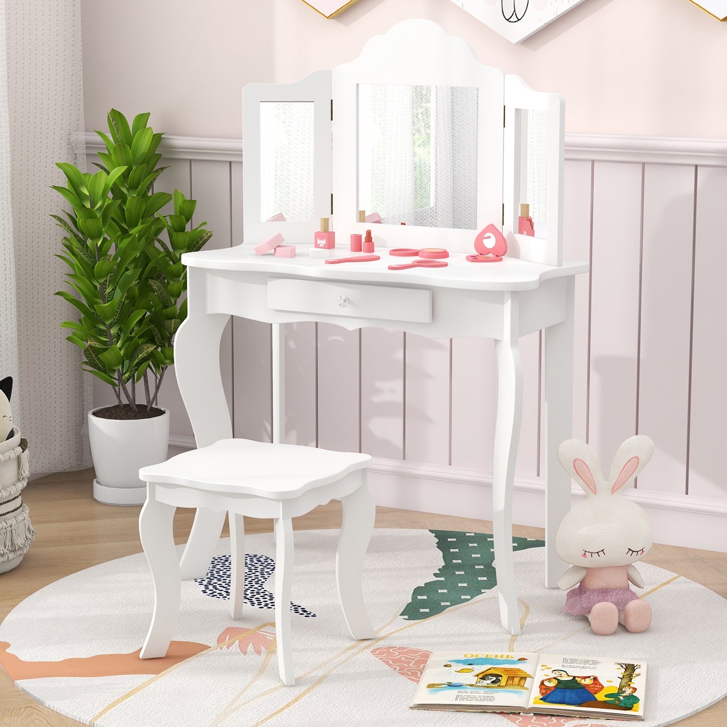 COSTWAY Princess Vanity Set with Chair and Jewelry Armoire