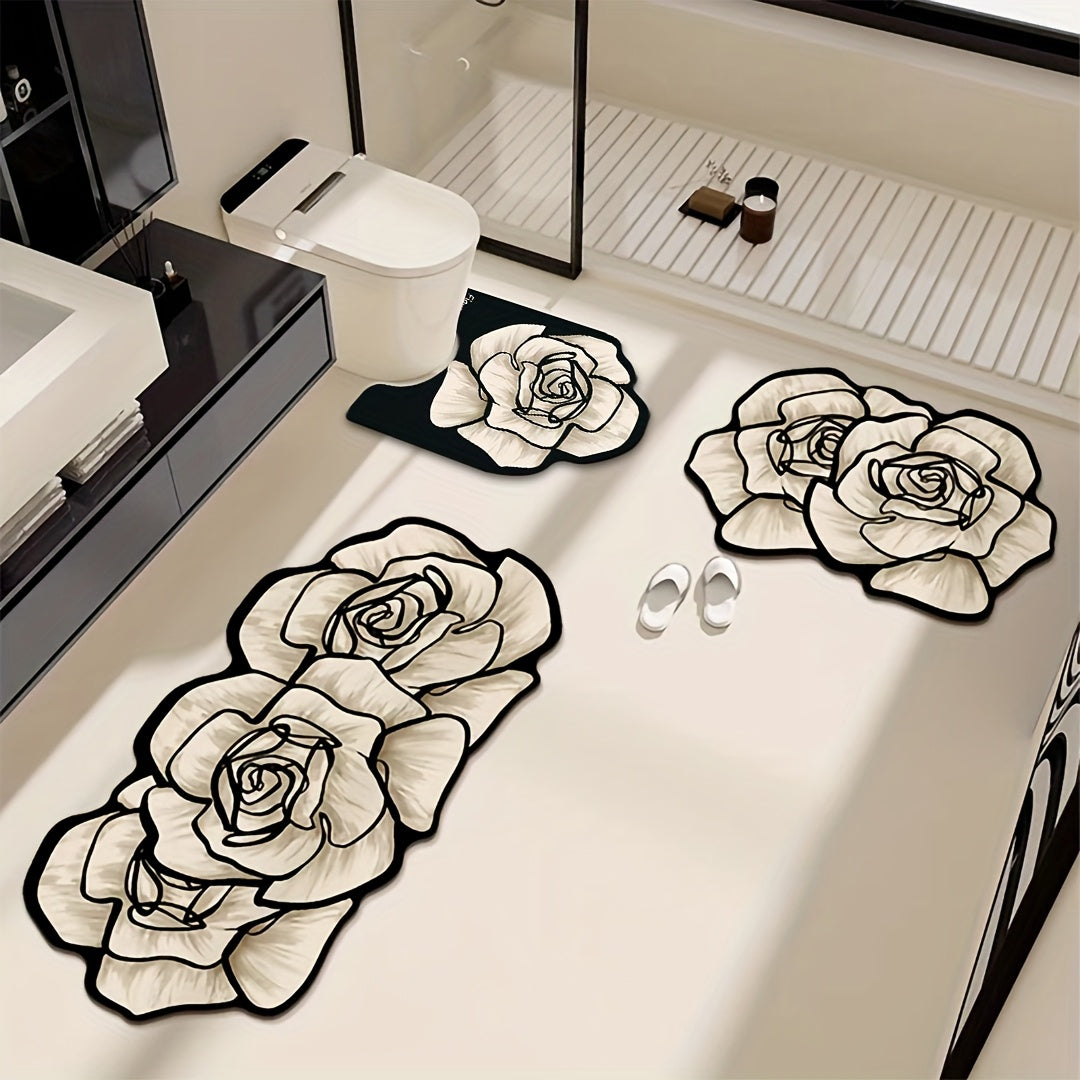 Elegant Floral Diatomite Bathroom Mat Set 3 Piece Non Slip