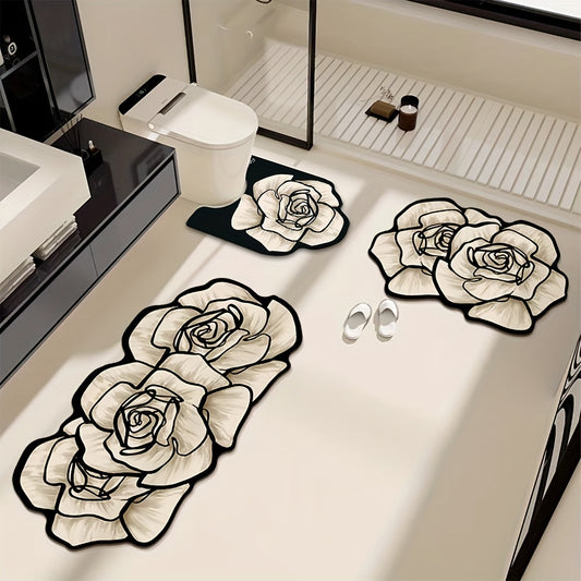 Elegant Floral Diatomite Bathroom Mat Set 3 Piece Non Slip