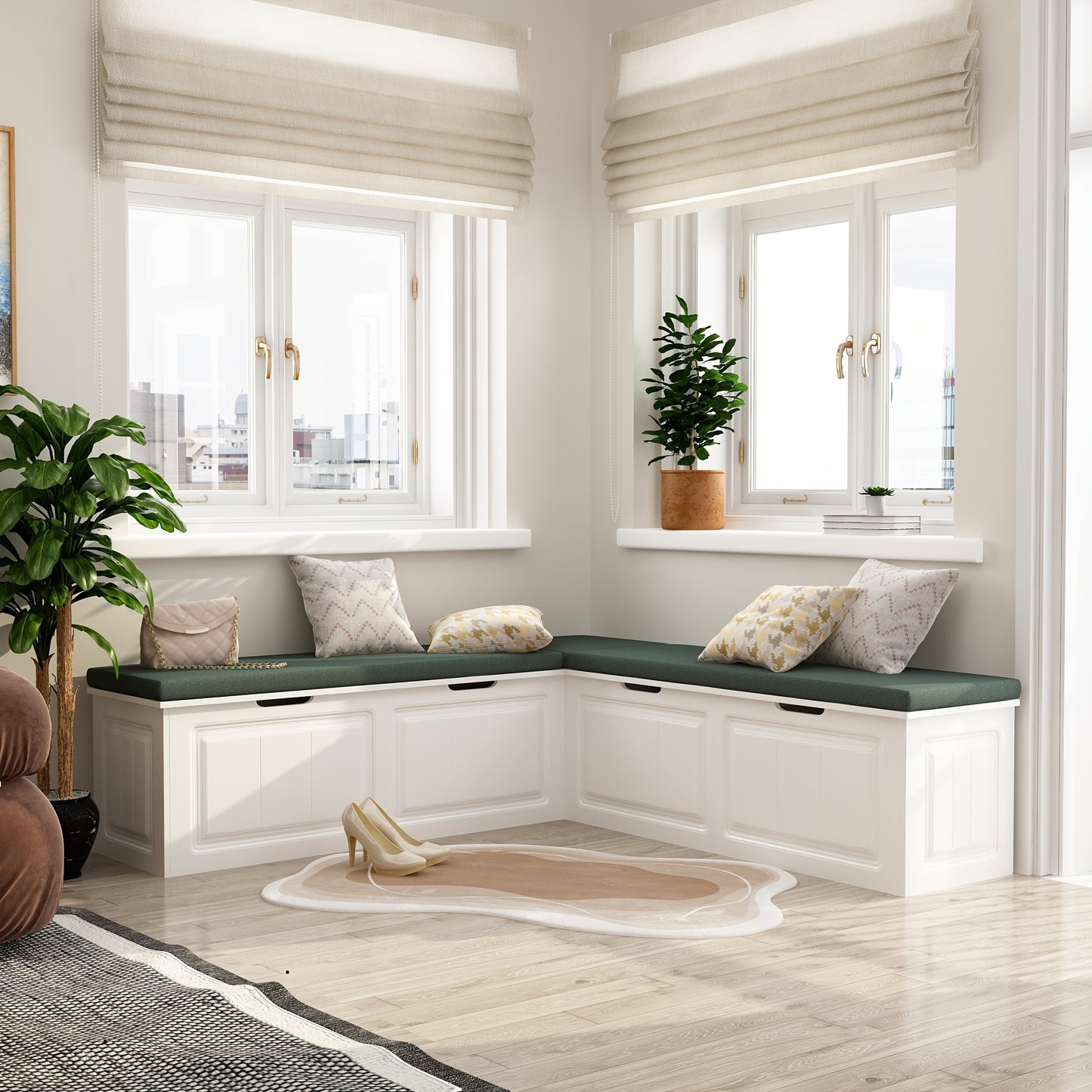 FUFU&GAGA Modern L Shaped Shoe Bench With Flip Storage Cabinet