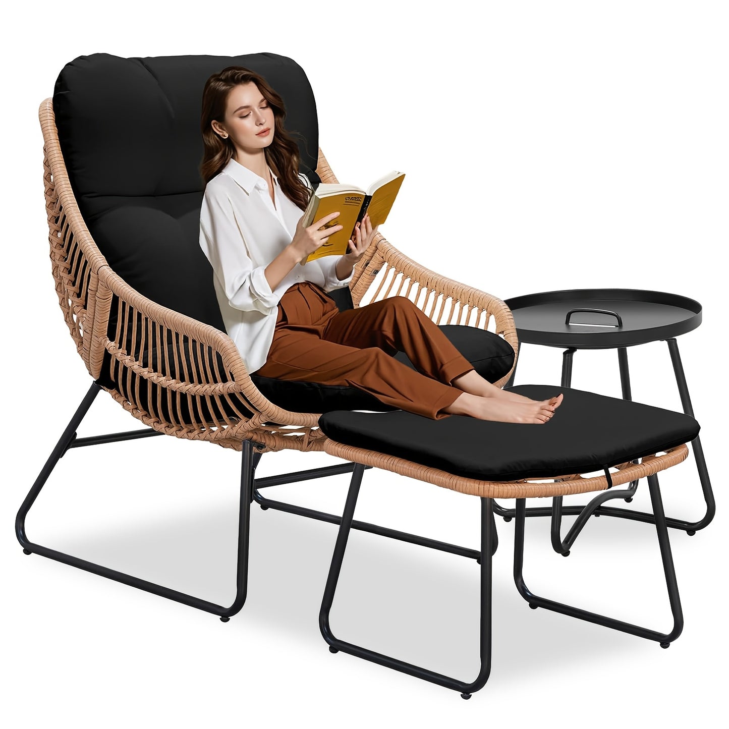 TAPPIO 3 Piece Outdoor Patio Furniture Set Papasan Chair Ottoman