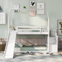 White Space-Saving Design of a Twin Over Twin Bunk Bed Featuring a Convertible Slide And a Staircase with Storage