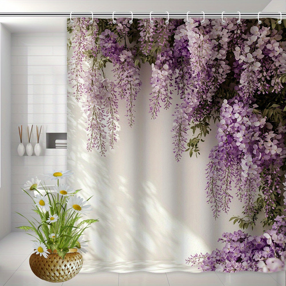1pc Elegant Purple Wisteria Shower Curtain with White Blossoms - Extra Long 70.8x70.8 Inches, Beige & Green Foliage Design, 12 Hooks Included, Machine Washable for Spa-Like Bathroom Decor in Lilac, Wisteria  or Wisteria Flowe