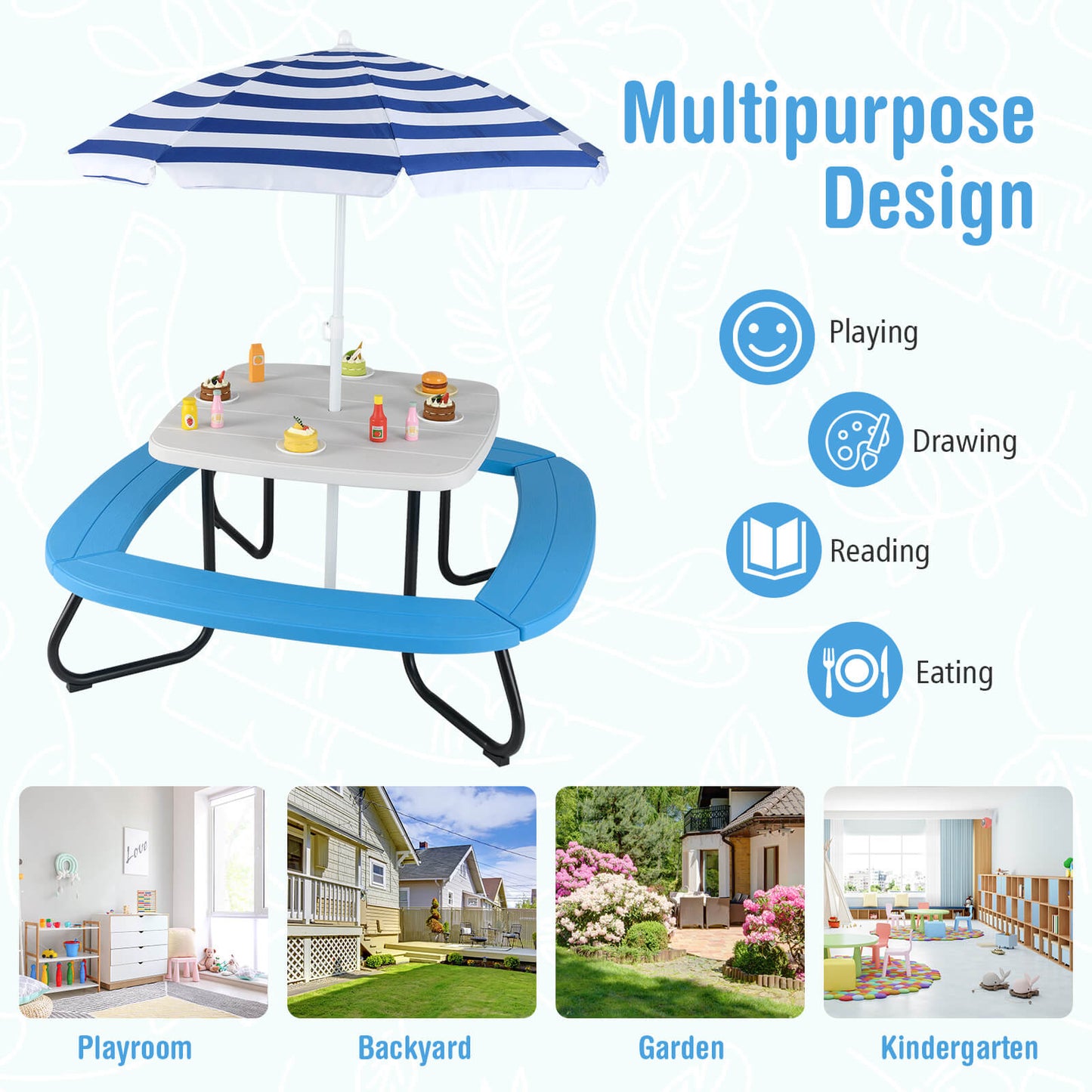 COSTWAY Picnic Table with a Height-Adjustable Umbrella, Durable HDPE Outdoor Table with Four Benches for Eight Kids, Sturdy Metal Structure, Suitable for Indoor And Outdoor Activities for Toddlers Aged 3 And Up