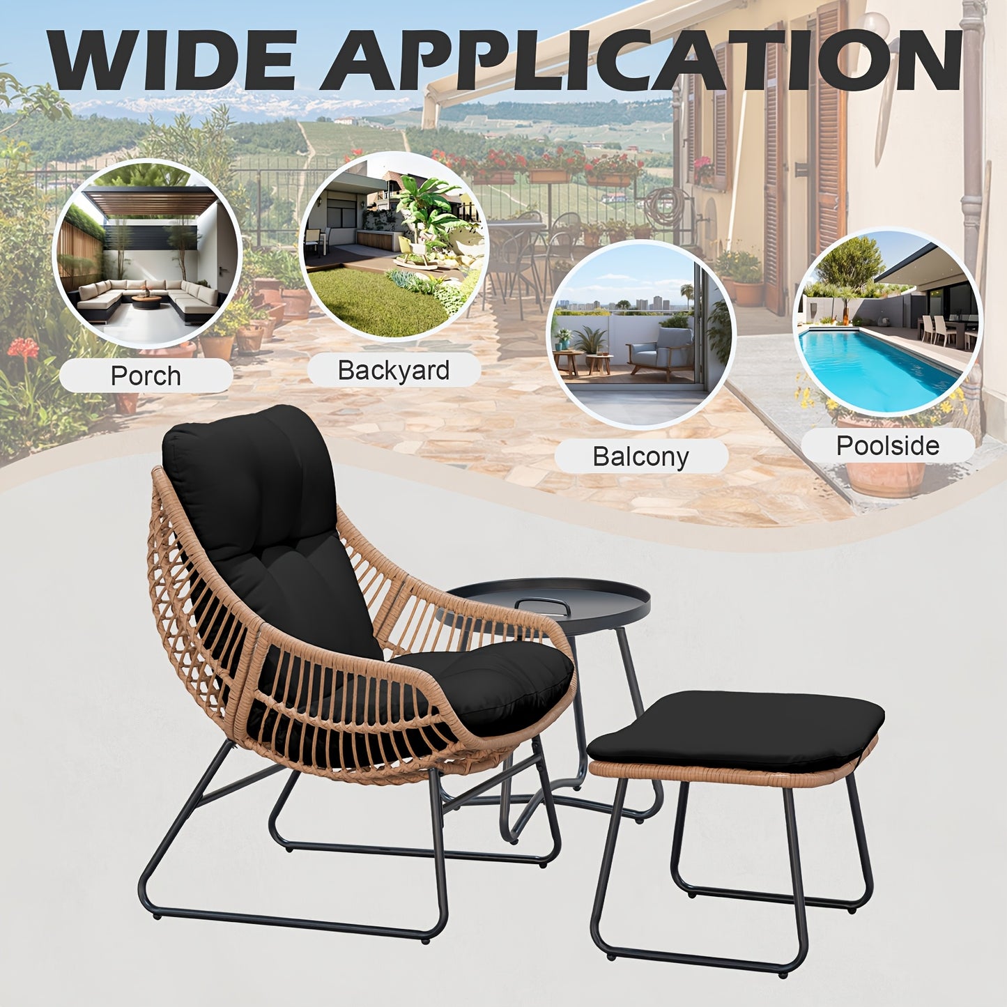 TAPPIO 3 Piece Outdoor Patio Furniture Set Papasan Chair Ottoman