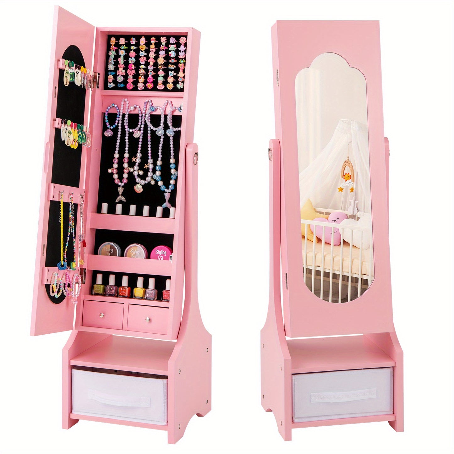 COSTWAY Princess Vanity Set with Chair and Jewelry Armoire