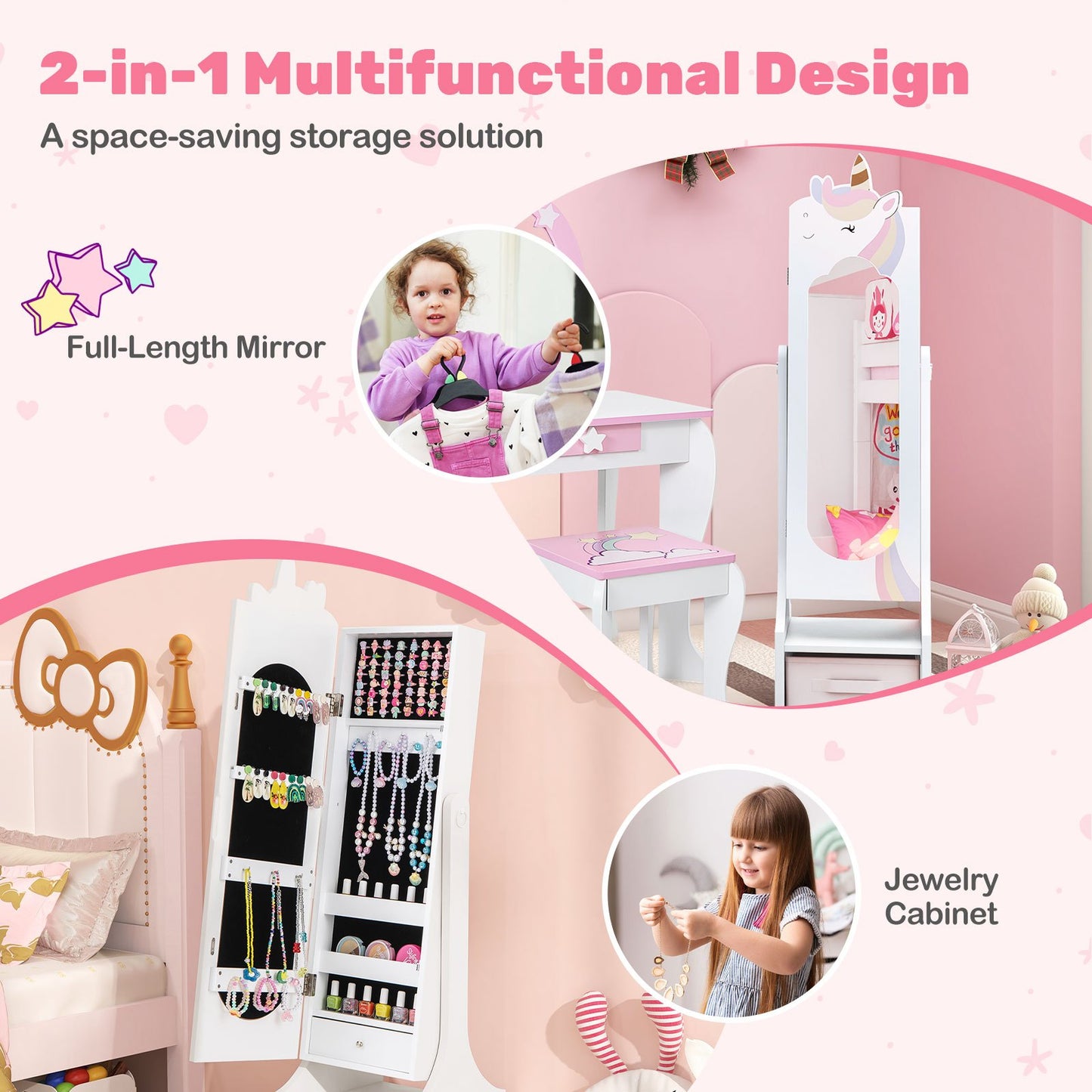 COSTWAY Kids Jewelry Armoire Cabinet With Full Length Mirror