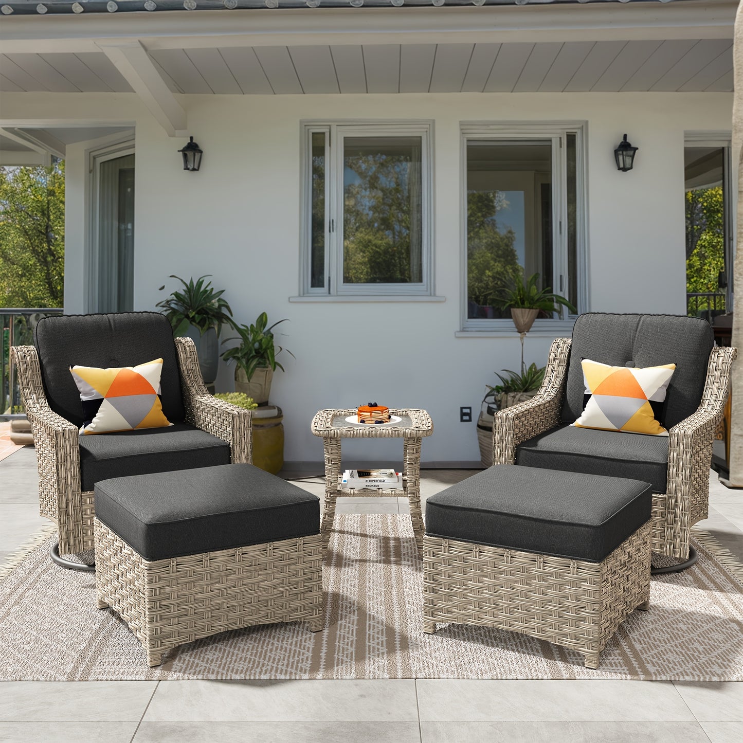 HOOOWOOO Outdoor 360-Degree Swivel Chairs Set With Ottomans And Table