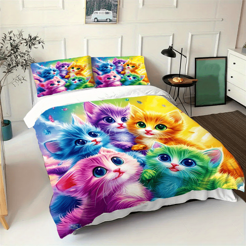 Cat Printed Quilt Cover Set Three Piece Pillowcases Polyester Bedding