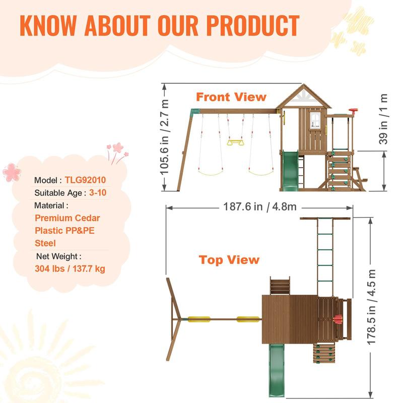 10-In-1 Outdoor Playground Set Swing Slide Climbing Wall Sandbox Fort