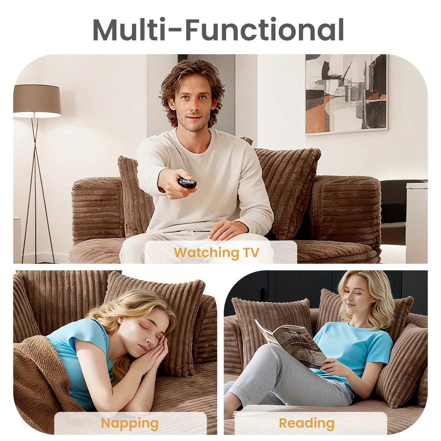 Corduroy Modular Sofa Bed With Built-In Pillows For Living Room