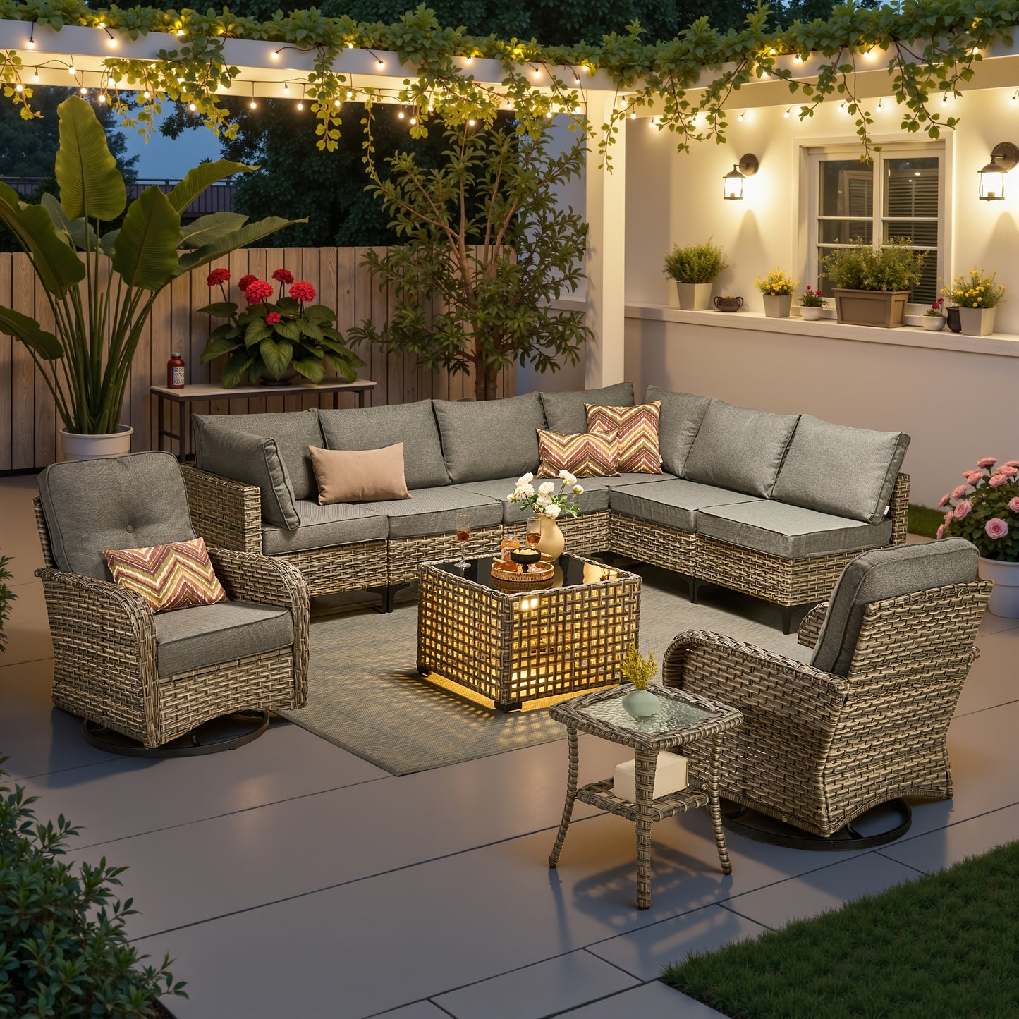 HOOOWOOO Outdoor Patio Furniture Set Wicker Sectional Sofa Swivel Chairs