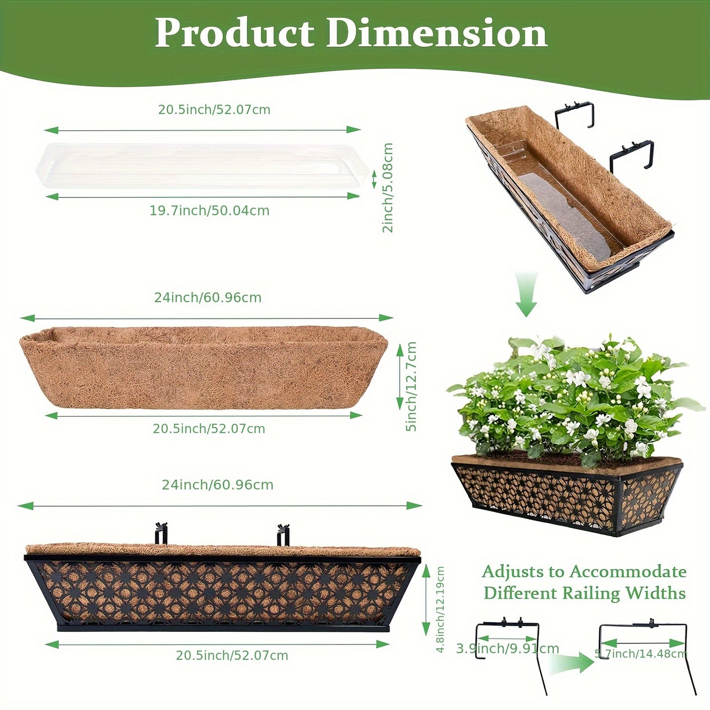 Balcony Railing Planters With Adjustable Bracket And Coco Liner