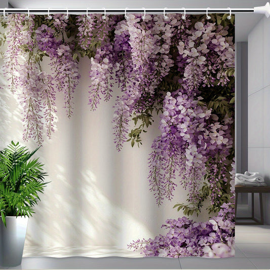1pc Elegant Purple Wisteria Shower Curtain with White Blossoms - Extra Long 70.8x70.8 Inches, Beige & Green Foliage Design, 12 Hooks Included, Machine Washable for Spa-Like Bathroom Decor in Lilac, Wisteria  or Wisteria Flowe
