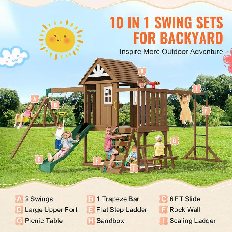 10-In-1 Outdoor Playground Set Swing Slide Climbing Wall Sandbox Fort