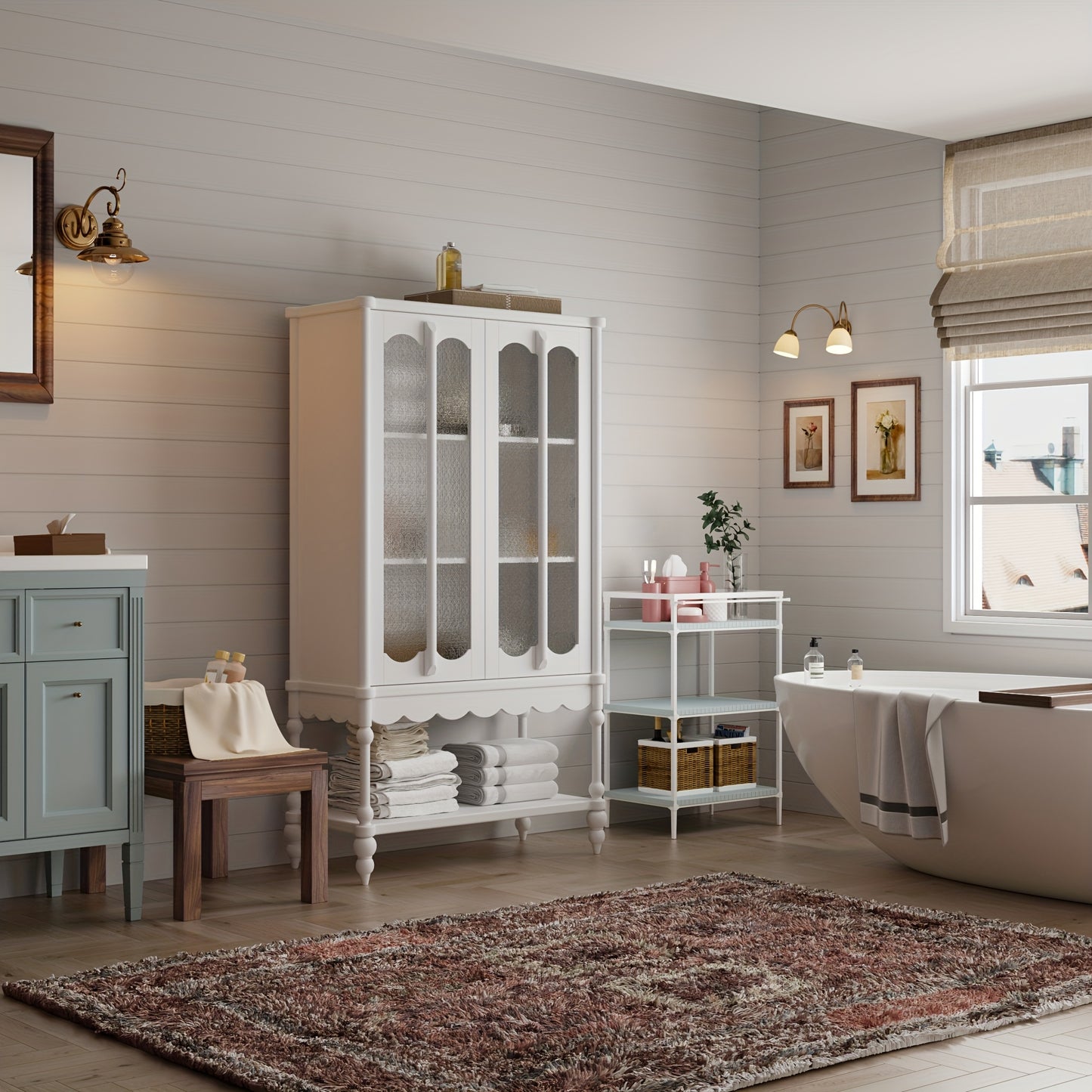 FUFU&GAGA Freestanding Bathroom Cabinet With Frosted Glass Doors